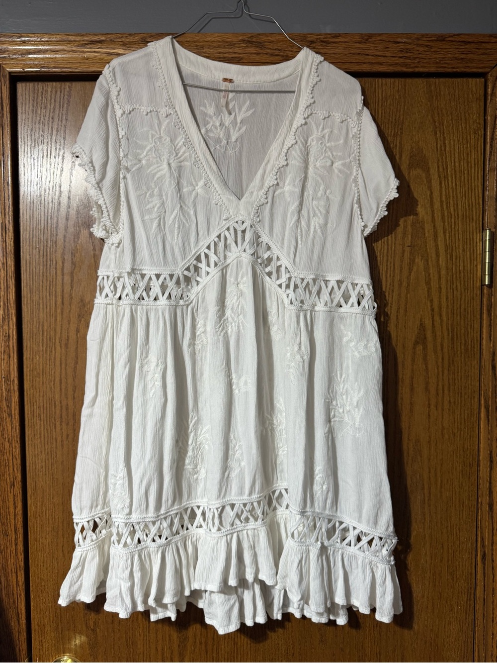 Free People White Embroidered Cotton Boho Mini Dress